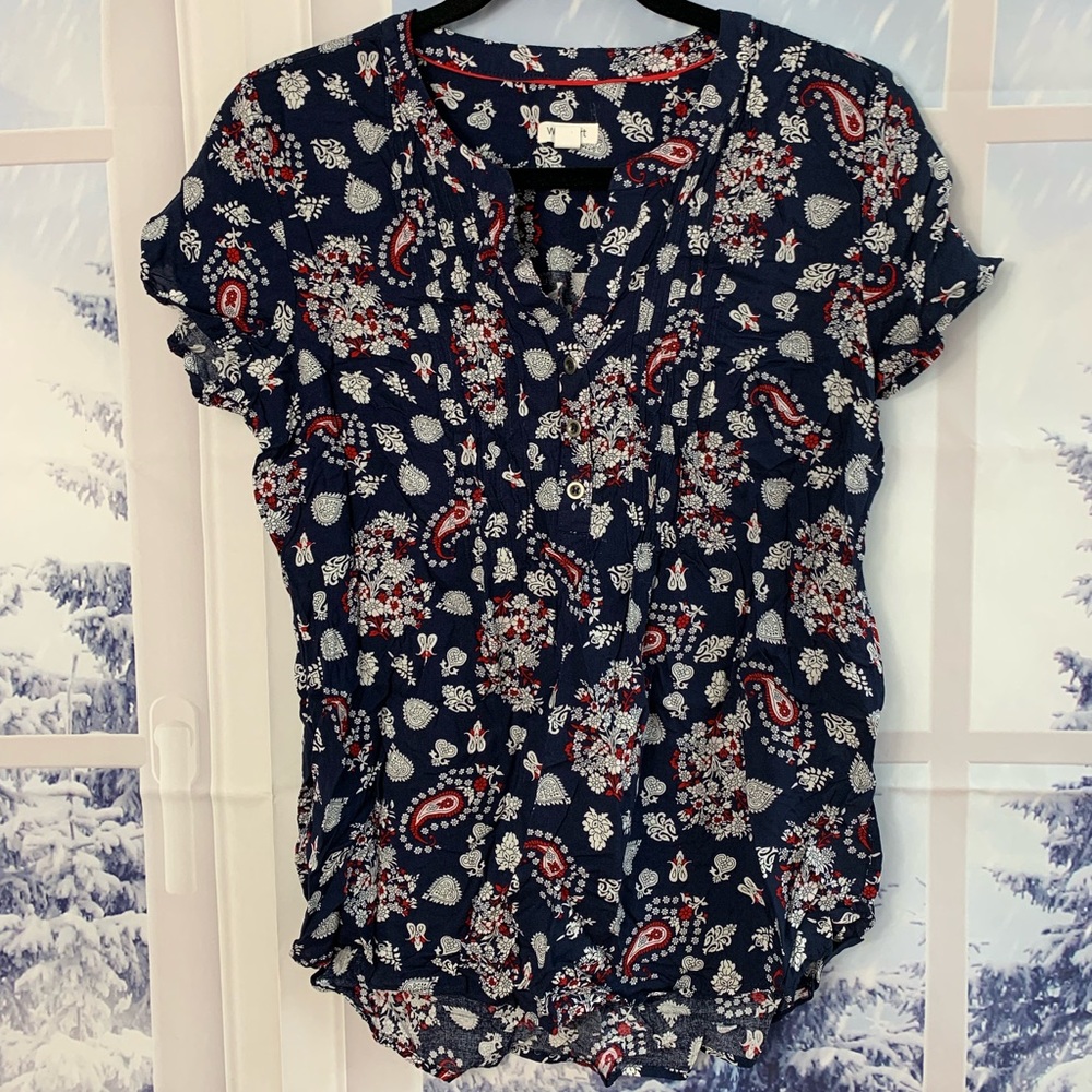 Westport Blue Paisley Floral Short Sleeve Blouse